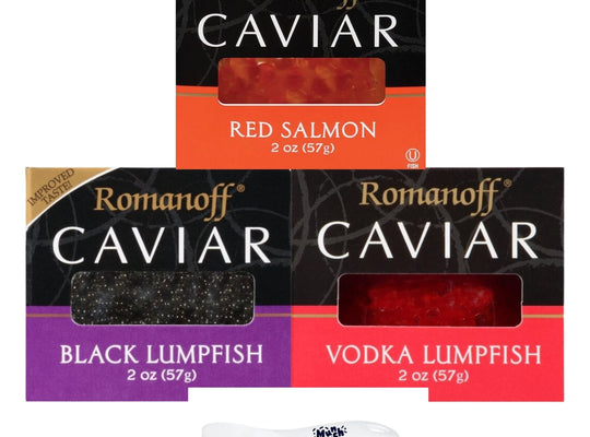 Romanoff Caviar Variety 3 Pack - Black Lumpfish, Red Salmon, Vodka Lumpfish - Variety Gift Set…