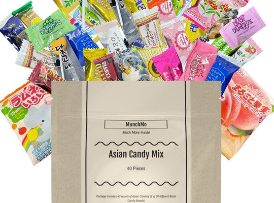MunchMo Asian Mystery Candy Mix 40 Count - 20 Different Korean, Japanese, and Thai Candy Brands, 2 Of Each, Giftable Sealed Package Includes Variety of Candy
