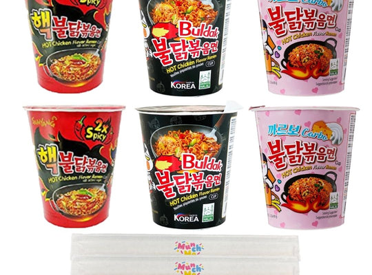 Samyang Korean Buldak Ramen Cup Stir Fried 3 Flavory Variety 6 Count Set - 2.47oz Each, 2 Count Per Flavor - Original, 2x Spicy, Carbo with MunchMo Chopsticks…