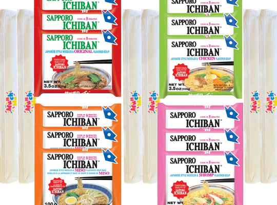 Sapporo Ichiban 12 Variety Bundle Box - 4 Different Flavors (3 each) Of Japanese Best Insant Noodles (3.5Oz 12 Packs) With Complimentary MunchMo Chopsticks