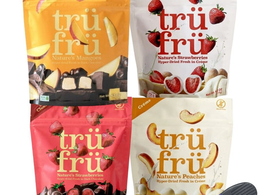 Tru Fru Hyper Dried 4 Packs Variety Sampler - 4.2 oz Each - Creme & Dark, Strawberries,Blueberry,Peach with MunchMo Power Clip…