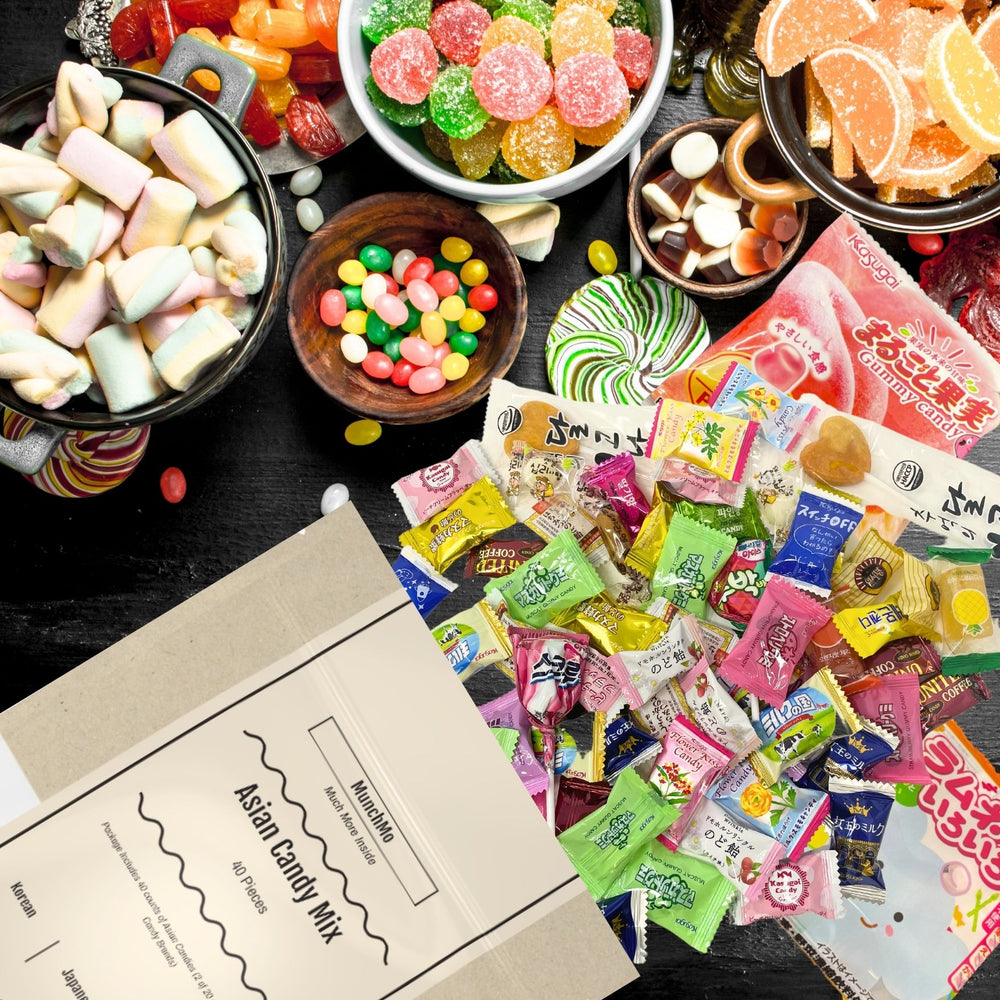 MunchMo Asian Mystery Candy Mix 40 Count - 20 Different Korean, Japanese, and Thai Candy Brands, 2 Of Each, Giftable Sealed Package Includes Variety of Candy