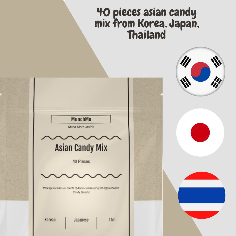 MunchMo Asian Mystery Candy Mix 40 Count - 20 Different Korean, Japanese, and Thai Candy Brands, 2 Of Each, Giftable Sealed Package Includes Variety of Candy